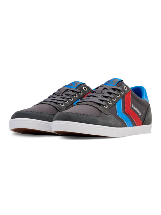 HUMMEL SLIMMER STADIL LOW, CASTLEROCK/RIBBONRED/BRIL BLUE, packshot