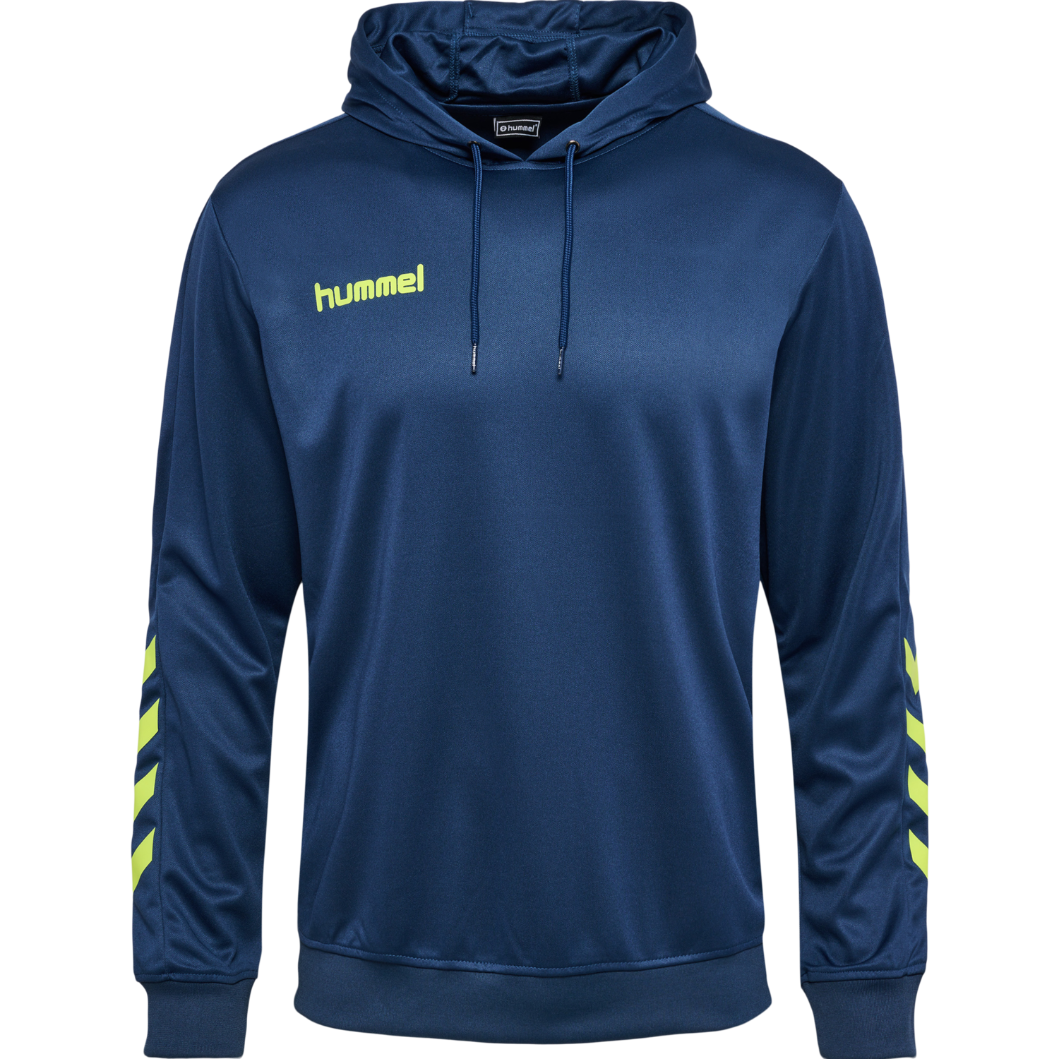 hmlPROMO POLY HOODIE, DARK DENIM/LIME PUNCH, packshot