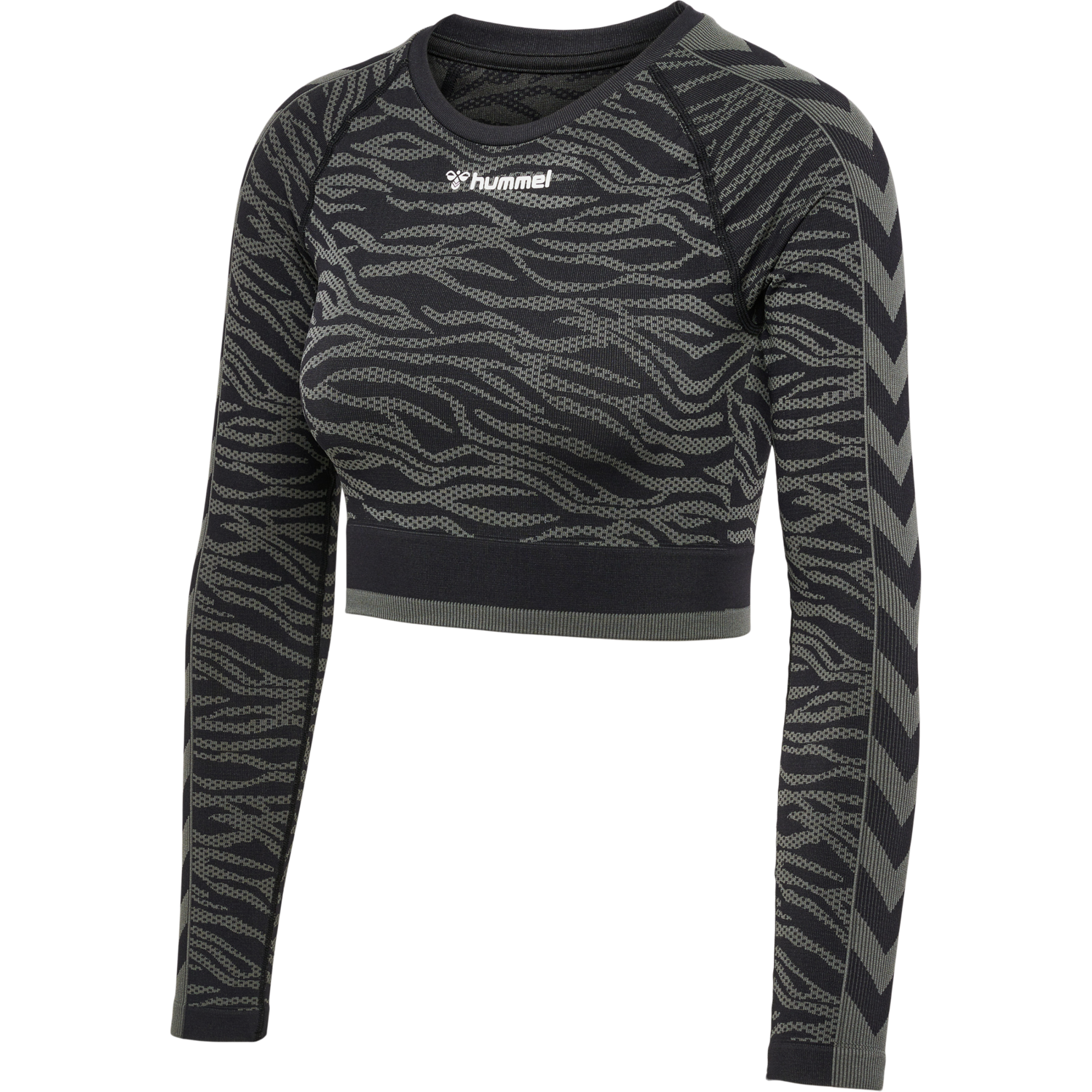 hmlMT SAGA SEAMLESS CROP T-SHIRT LS, BLACK/ASPHALT MELANGE, packshot