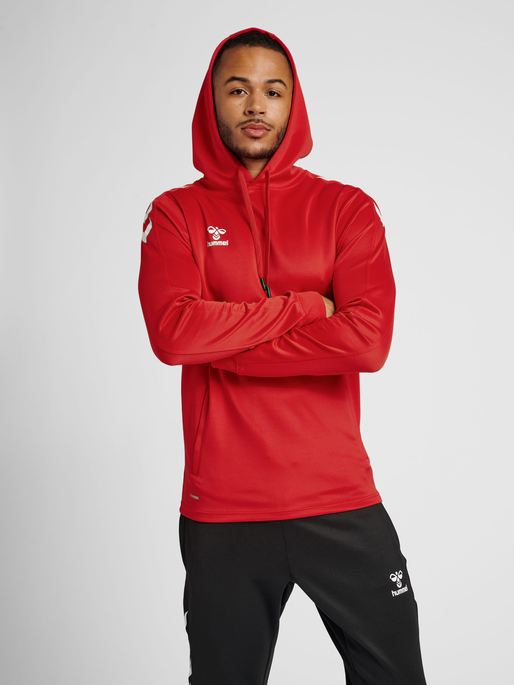 hmlCORE XK POLY SWEAT HOODIE, TRUE RED, model