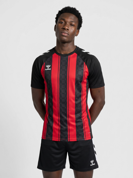 hmlMATCH STRIPED JERSEY S/S, TRUE RED/BLACK, model